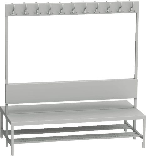 LAV_15_V2 kétoldalas háttámlás öltözőpad cipőtartóval (150 cm, 22 fogas)