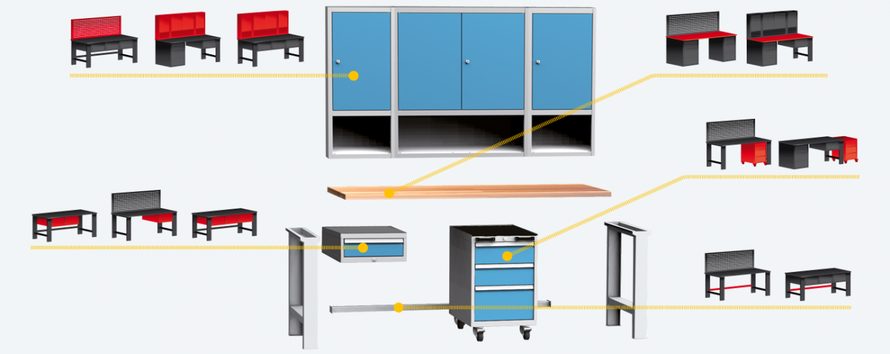 Munkapad lábak, munkalappok, felső szekrények, szerszámtartó falak...